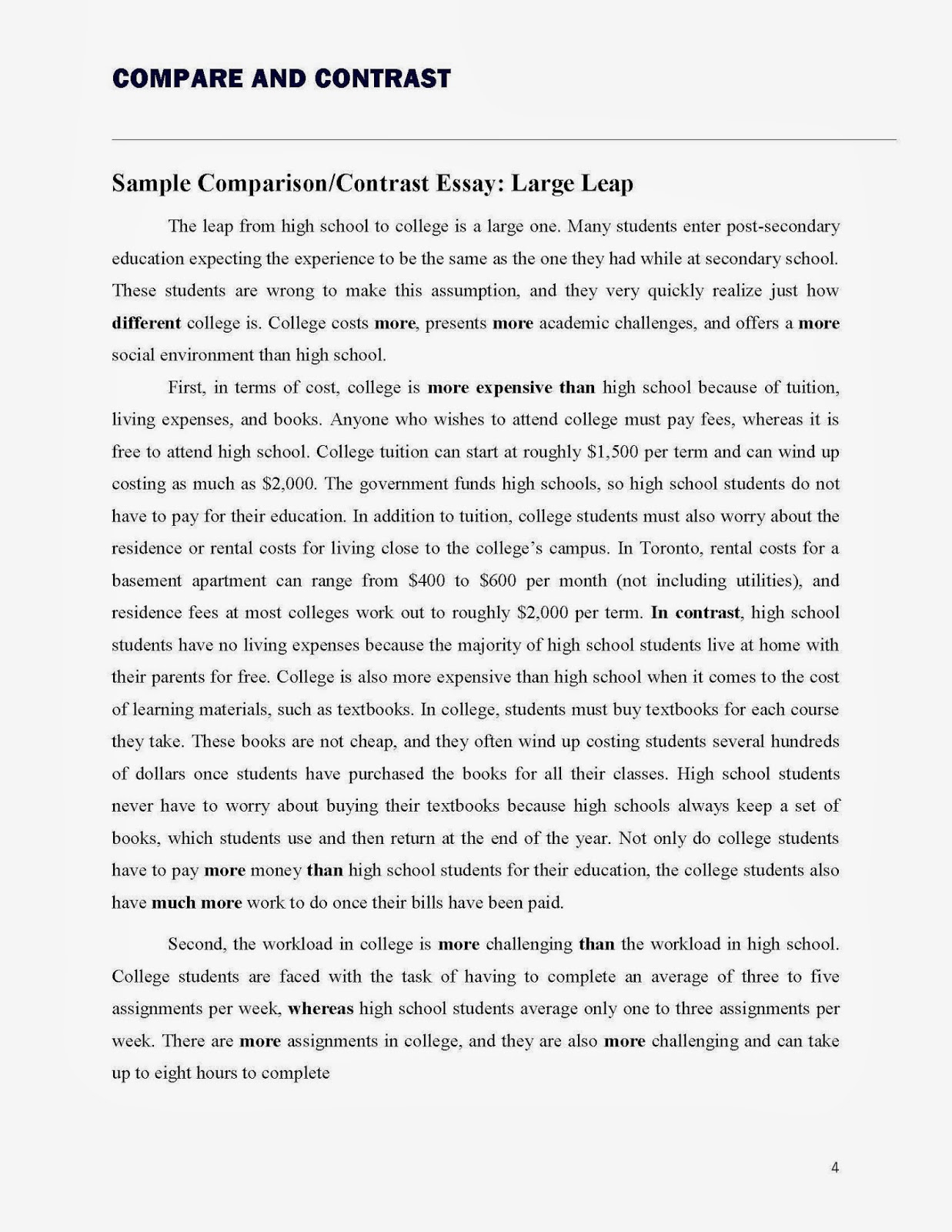 English compare and contrast essay example